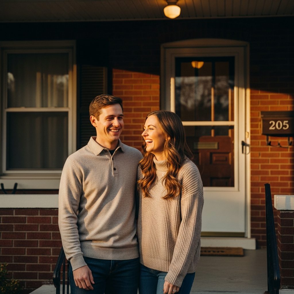 Smiling young couple standing on the front porch of an EquityTeam rental property in Cincinnati, Ohio