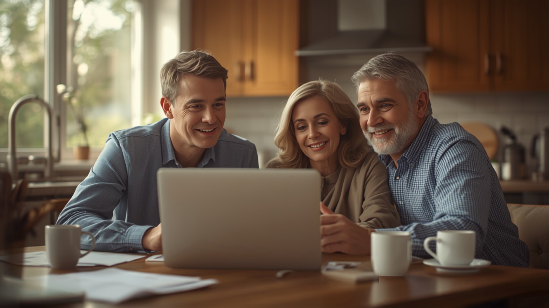 Three people reviewing a home purchase on a laptop during a real estate brokerage consultation