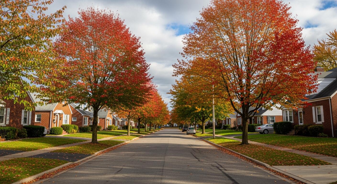 Tree-lined residential street with fall foliage in Monfort Heights, Ohio