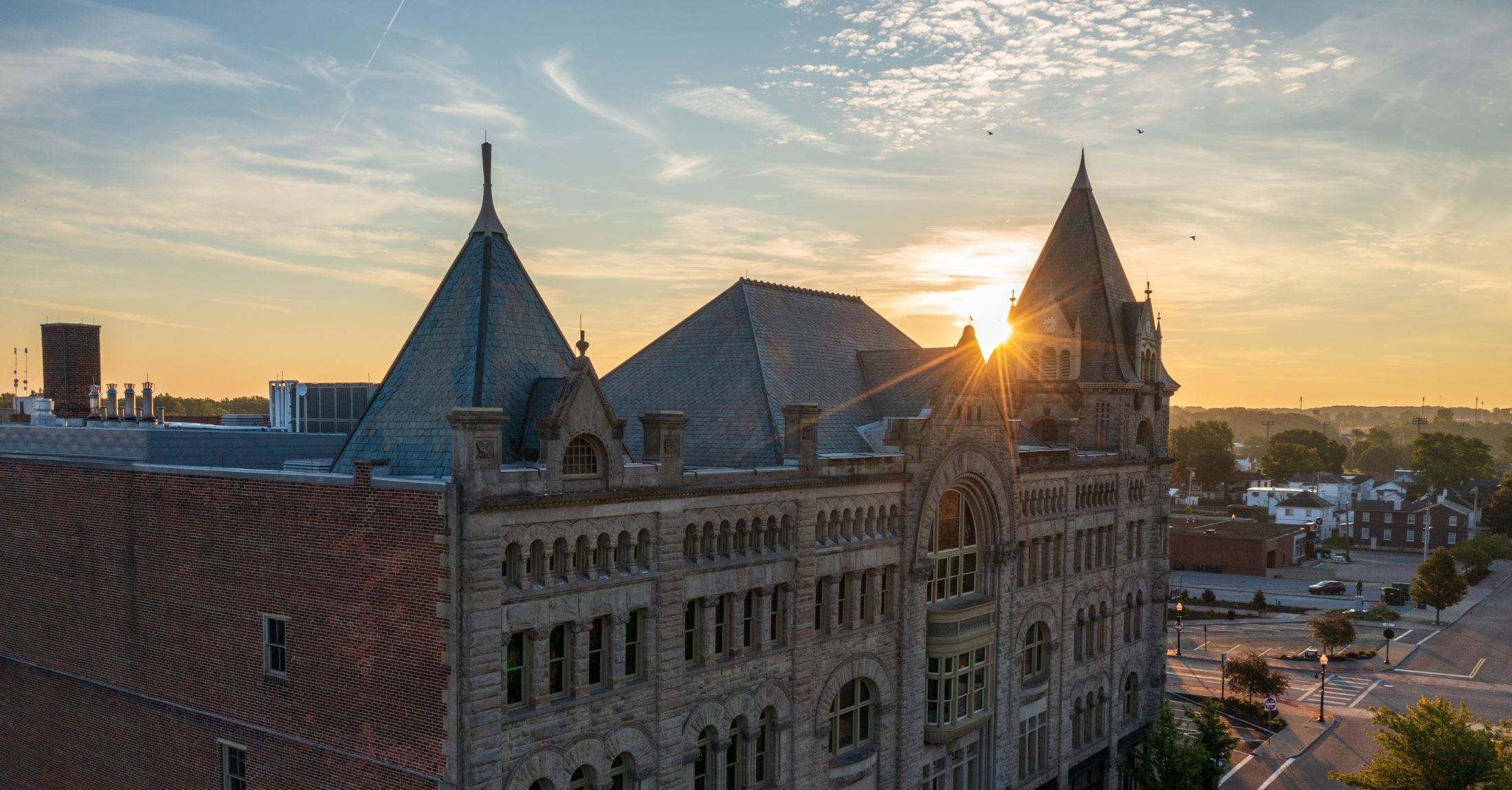 Sunrise over the historic Piqua downtown building — Miami County, Ohio