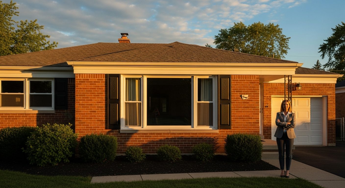 Licensed EquityTeam property manager walking up to a brick Cincinnati two-story home with a clipboard at golden hour