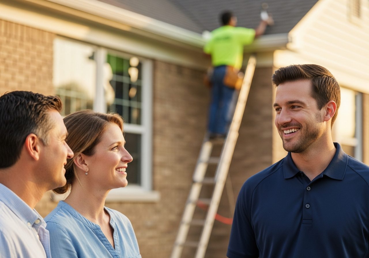 EquityTeam property service manager smiling and speaking with a homeowner while a maintenance worker repairs the exterior of the home in the background