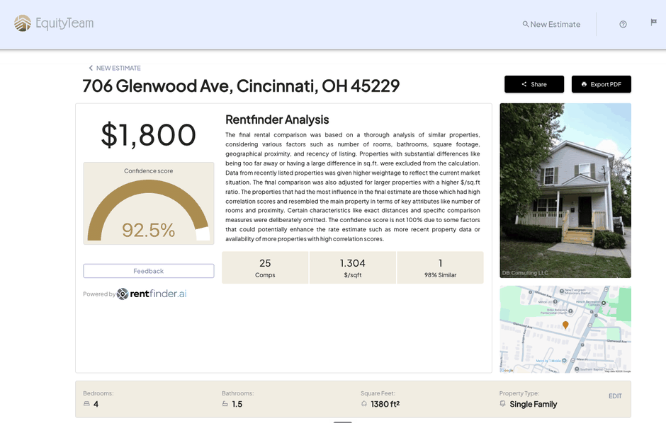 Example Rentfinder rental analysis report showing estimated rent, confidence score, and comparable properties